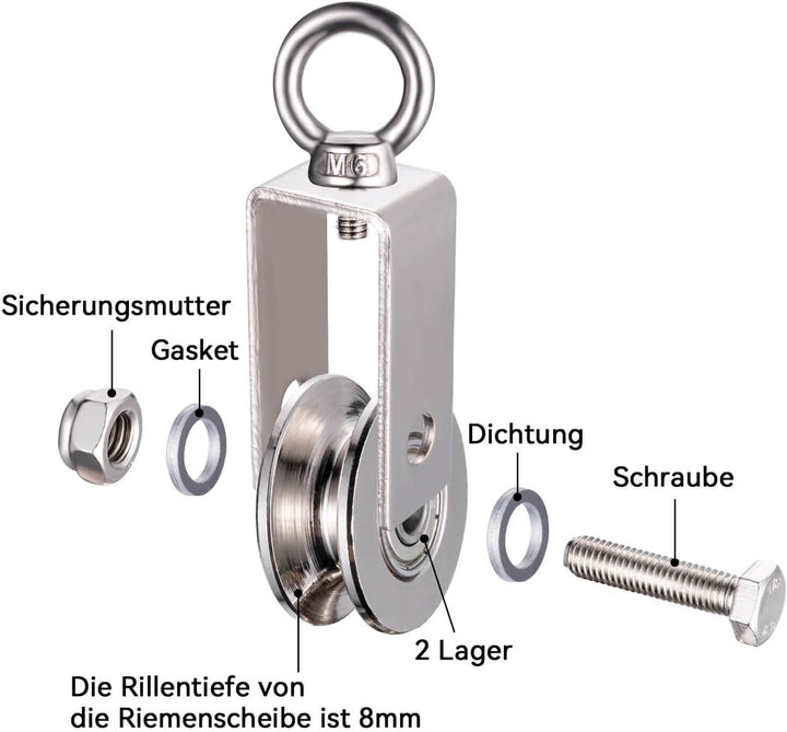 40mm Umlenkrolle mit 2 Kugellager, Edelstahl Fitness flaschenzug mit 10m Nylon Seile und Clip，Umlenk