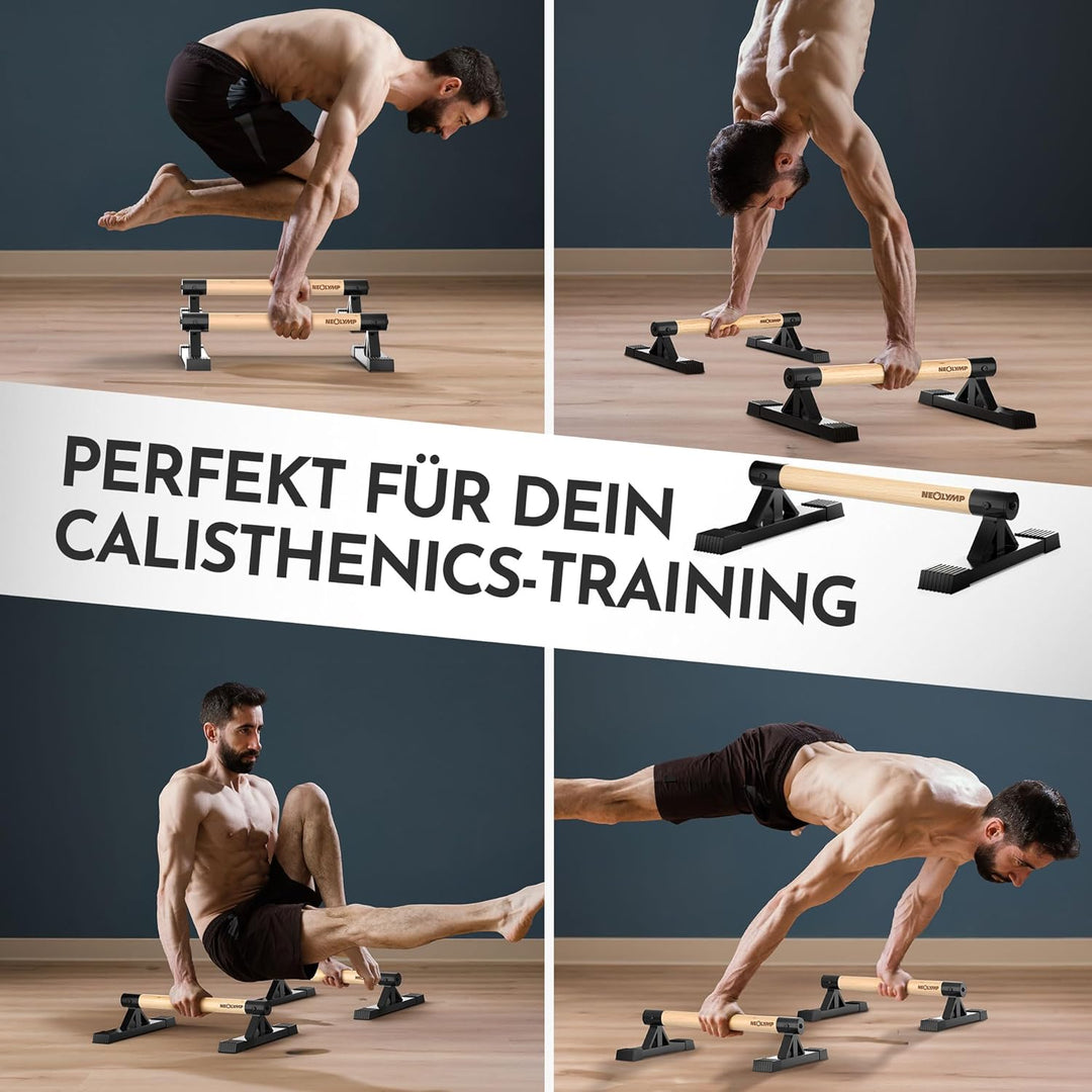 NEOLYMP 2er Set handgelenkschonende Holz Liegestützgriffe mit Calisthenics-Übungen - handgefertigten