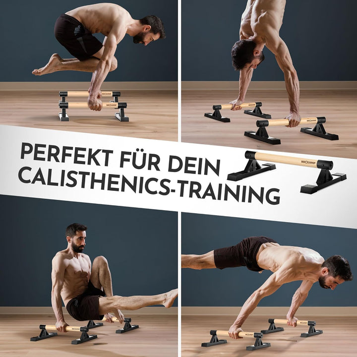 NEOLYMP 2er Set handgelenkschonende Holz Liegestützgriffe mit Calisthenics-Übungen - handgefertigten