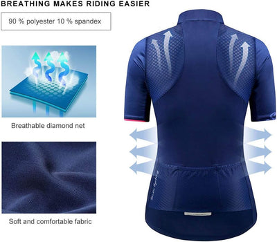 Radtrikot Damen Kurzarm Fahrrad MTB Shirts Top Taschen Reissverschluss Atmungsaktiv Sommer, Navy XL