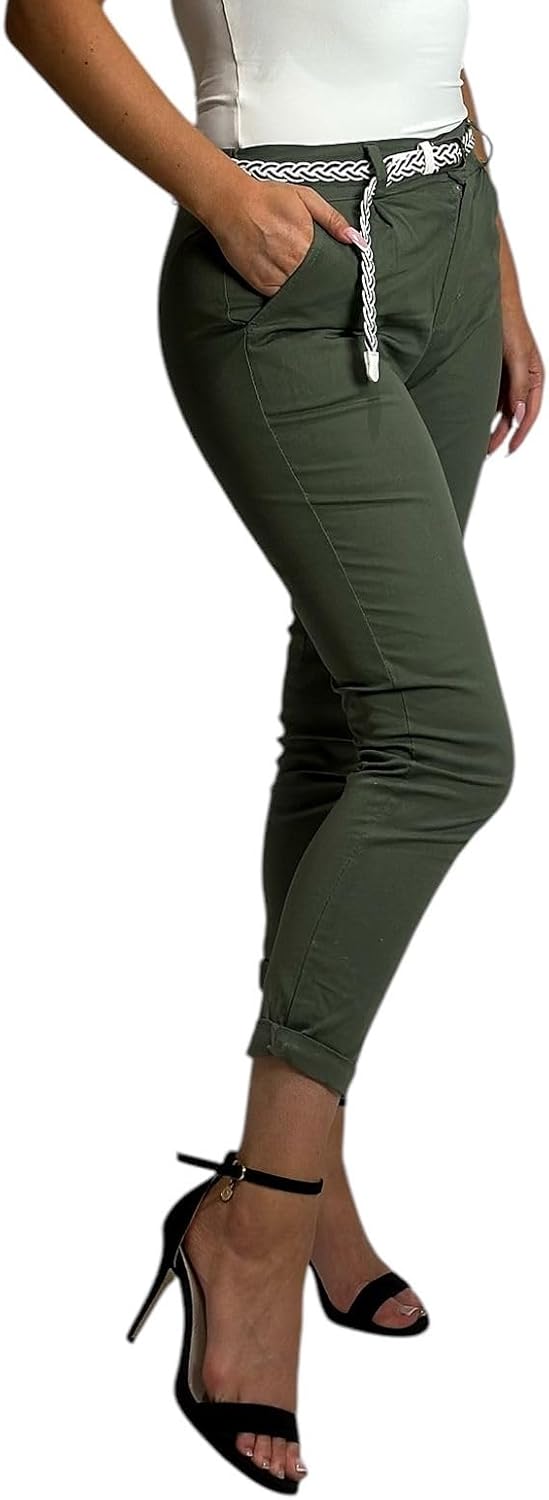 Mississhop Damen Baumwolle Klassische Chino Hose mit Gürtel XL Oliv, XL Oliv