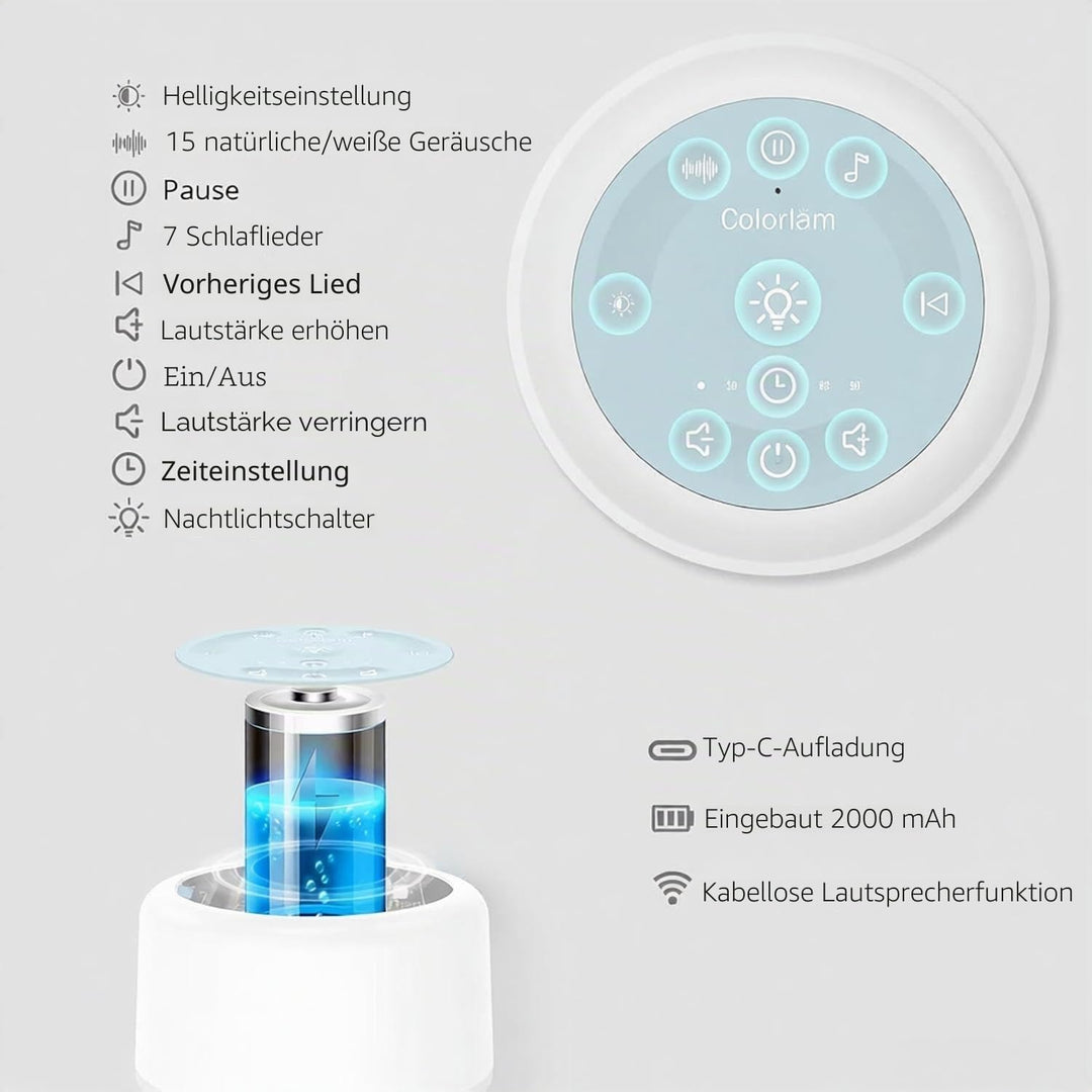 White Noise Machine Baby Einschlafhilfe und Spieluhr mit 20 Klängen, drahtlose Verbindung, Weisses R