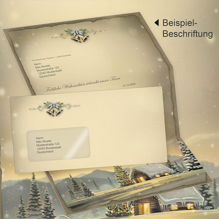 Glöcknerhütte 250 Sets Weihnachtsbriefpapier mit Fensterumschlag Briefpapier Weihnachten mit Umschla