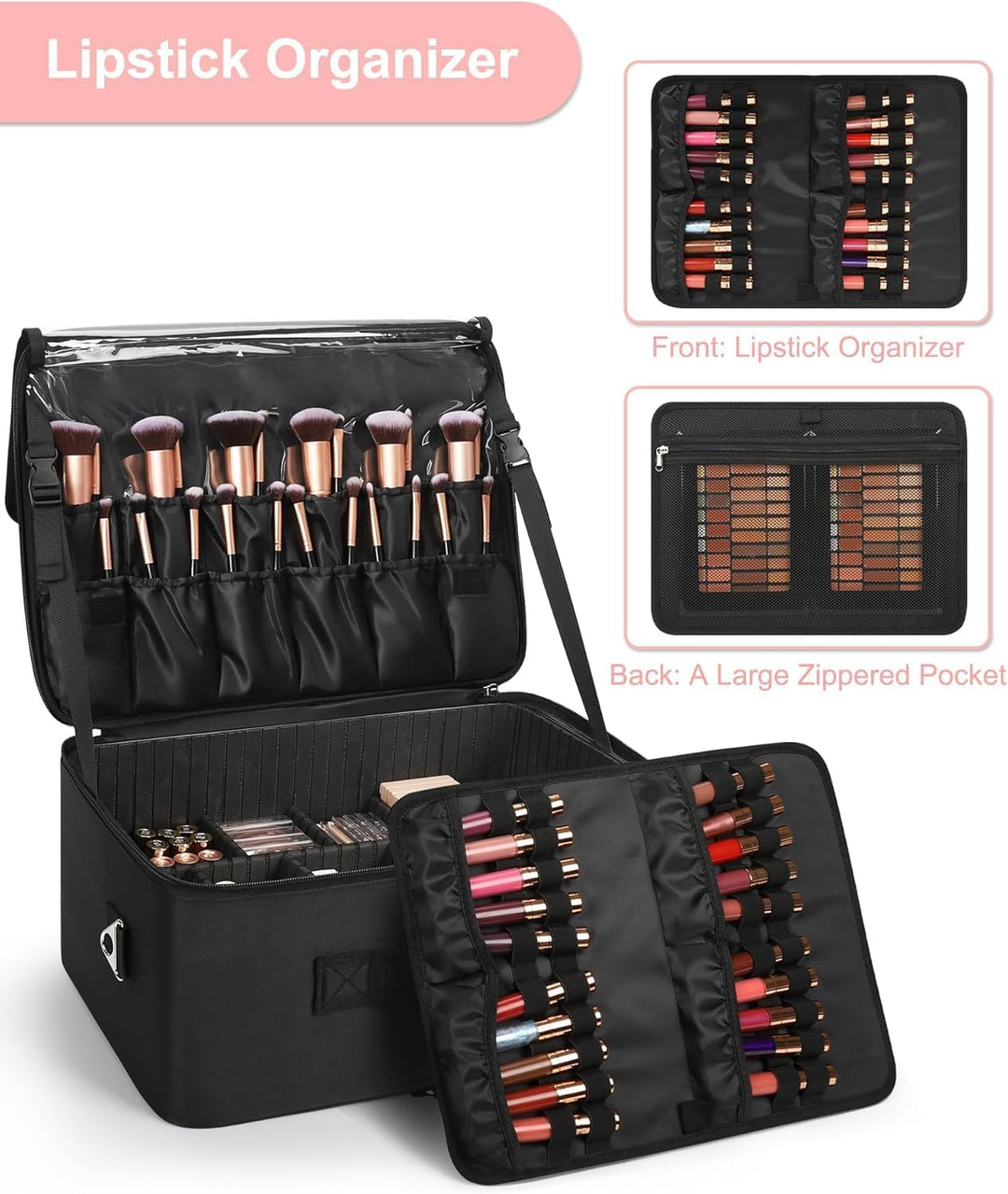 Relavel XXL Make-up-Koffer, Professioneller Kosmetik-Organizer mit Pinselhalter, 4 durchsichtigen Ta