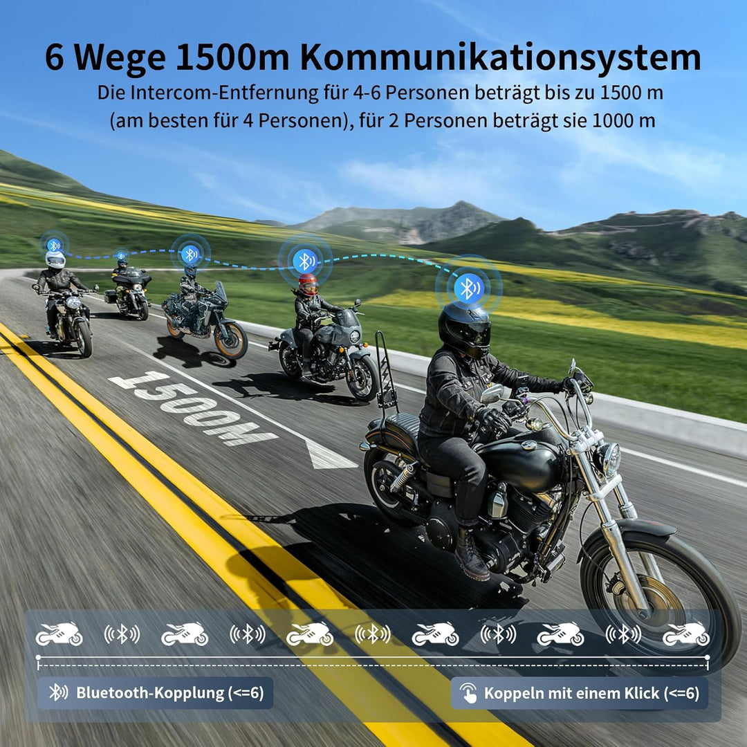 Fodsports FX8 AIR Motorrad Headset, Kommunikationssystem für bis zu 6 Motorräder mit 1500m Reichweit