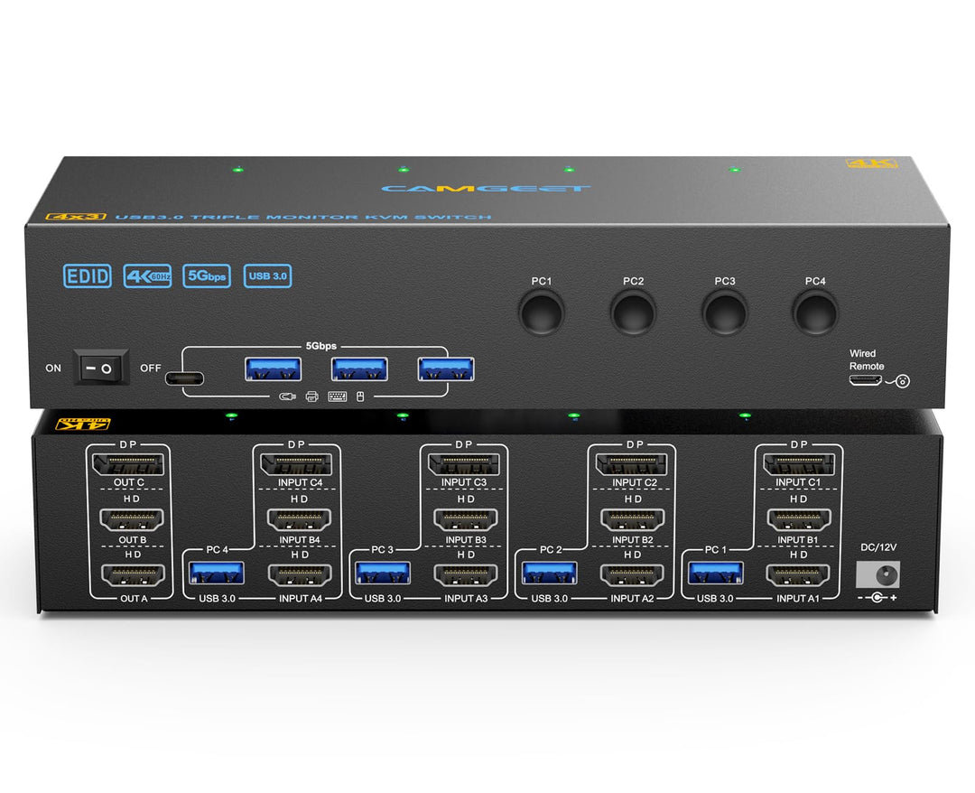 KVM Switch 3 Monitore 4 PC 4K@60Hz EDID Simulation,HDMI Displayport KVM Switch Triple Monitor für 4