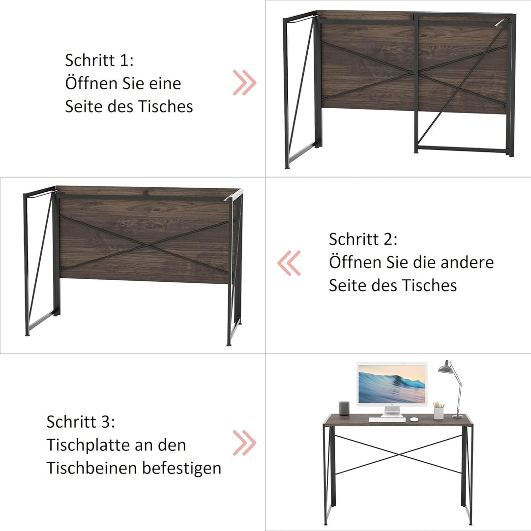 INTIRILIFE Schreibtisch aus Holz und Metall in Schwarz - Braun - 100 x 50 x 75 cm - Rustikaler Faltb