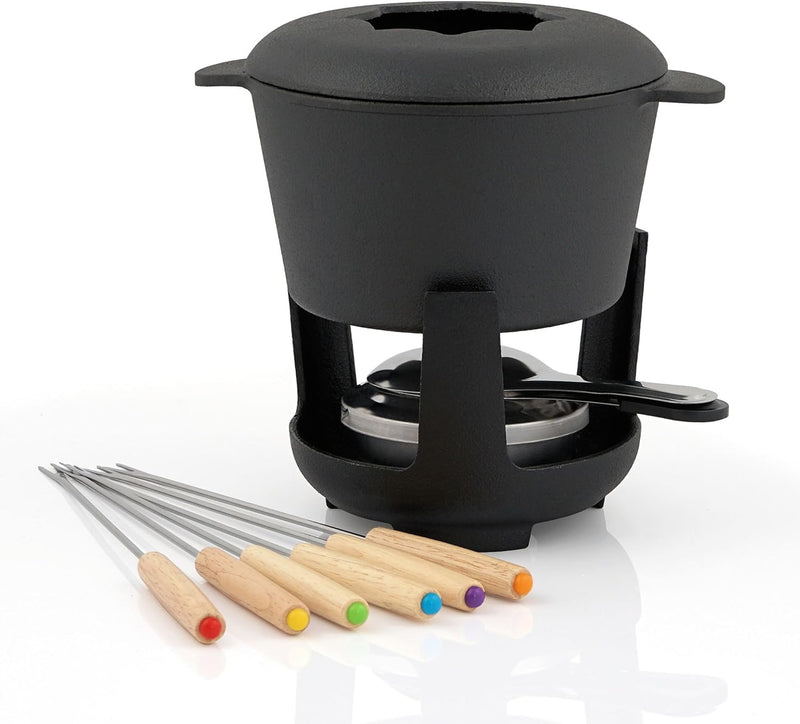 BBQ-Toro Gusseisen Fondue Set für 6 Personen | 1 Liter | Fondueset 13 teilig mit Brenner und Gabeln