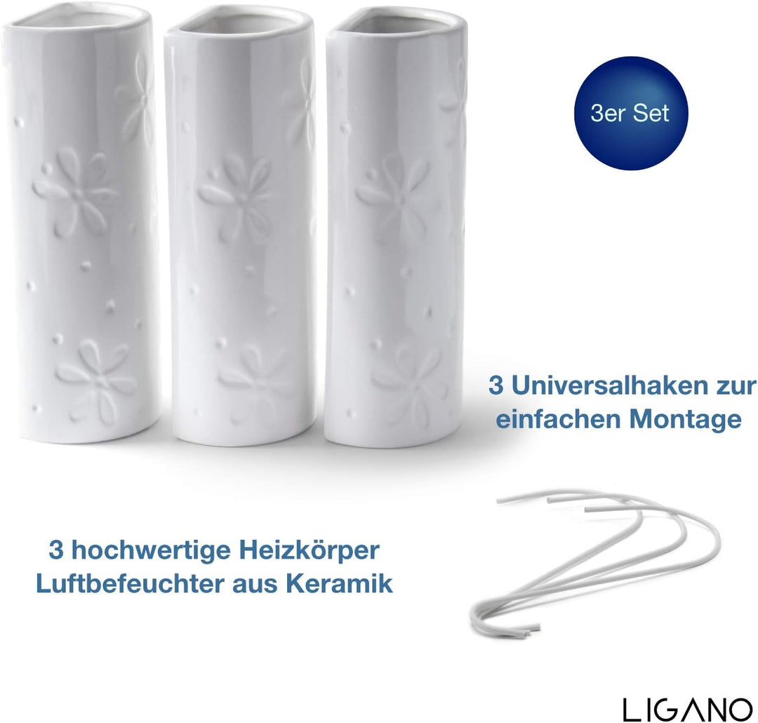 Ligano® Heizkörper Luftbefeuchter mit Blumen-Motiv – Keramik Wasserverdunster für die Heizung – 3 St