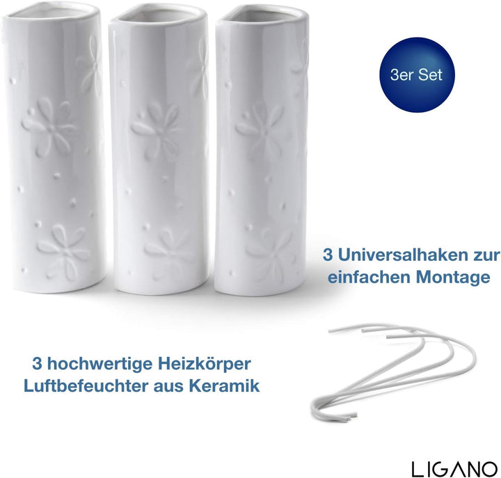 Ligano® Heizkörper Luftbefeuchter mit Blumen-Motiv – Keramik Wasserverdunster für die Heizung – 3 St