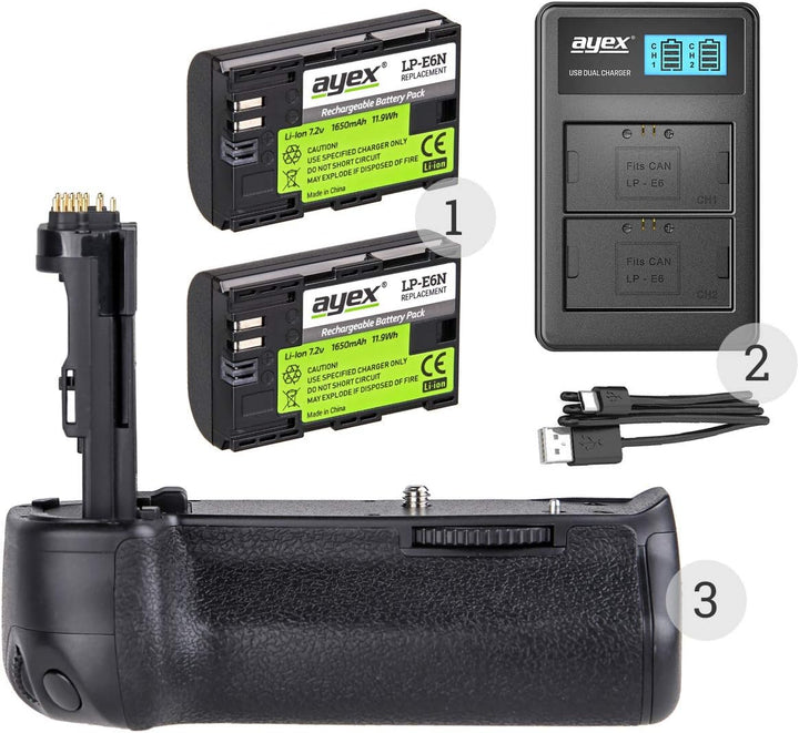 ayex Batteriegriff Kompatibel mit Canon EOS 6D Mark II inkl. 2 x LP-E6N Akku + 1 x USB Dual- Ladeger