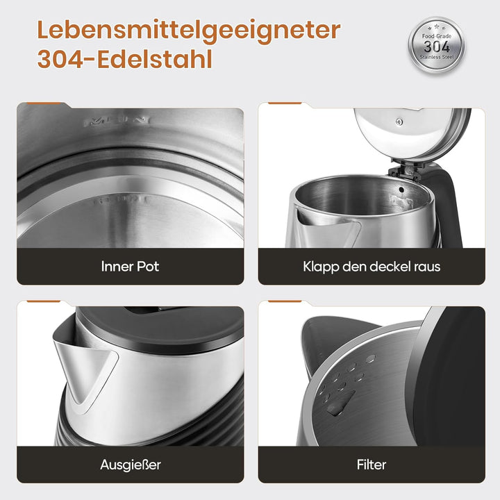 OLEGA Wasserkocher für kochendes Wasser, 1800 W, schnell kochender Heisswasserkessel, 1,8 l tragbare