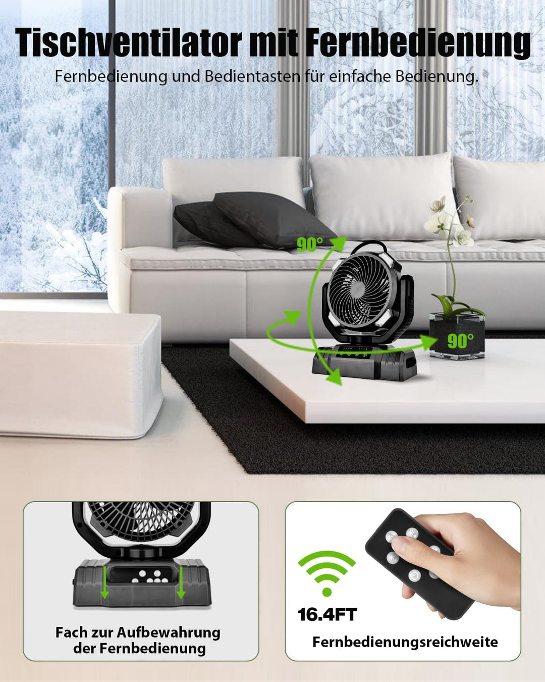 Timiyou Camping Ventilator,10000mAh Tischventilator Sehr Leise mit Licht,Fernbedienung,Powerbank,4 G
