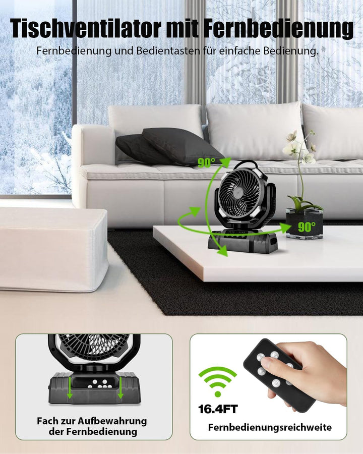 Timiyou Camping Ventilator,10000mAh Tischventilator Sehr Leise mit Licht,Fernbedienung,Powerbank,4 G