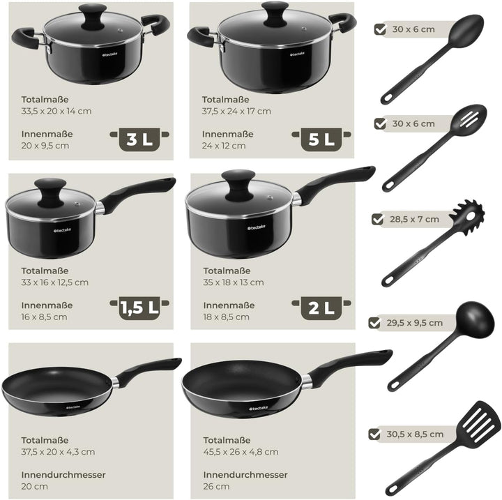 tectake® Küchenstarterset 6 Personen, Steingut Geschirr Set, Teller, 4 Töpfe 2 Pfannen rostfreies Al