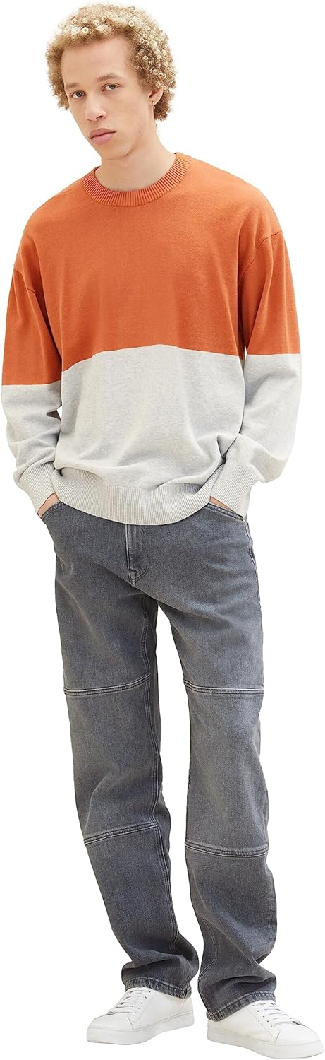 TOM TAILOR Denim Herren Denim Relaxed Fit Colorblock Pullover, 32754 - Rust Grey Color Block