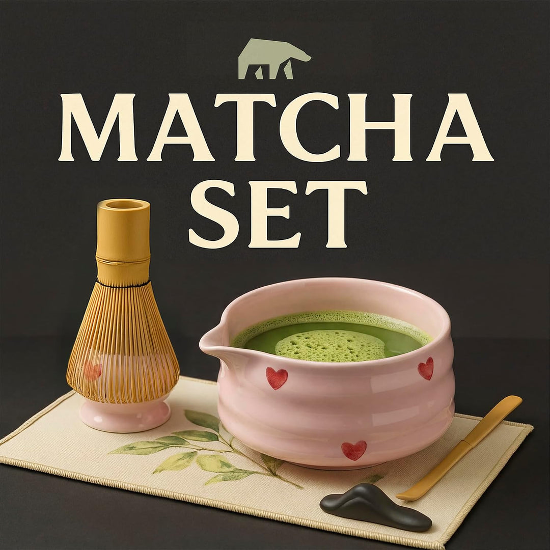Matcha Set 7-teilig – Premium Tee Set mit Keramik Matcha Schale, Bambus Schneebesen (Chasen), Sieb &amp;