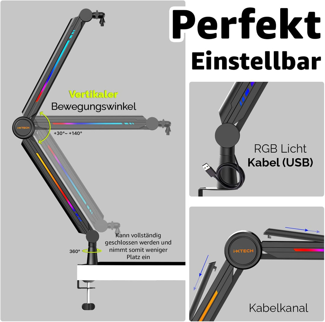 IXTECH RGB Mic Boom Arm High Profile, Overhead Boom Arm Mikrofonständer Schreibtischhalterung, verst