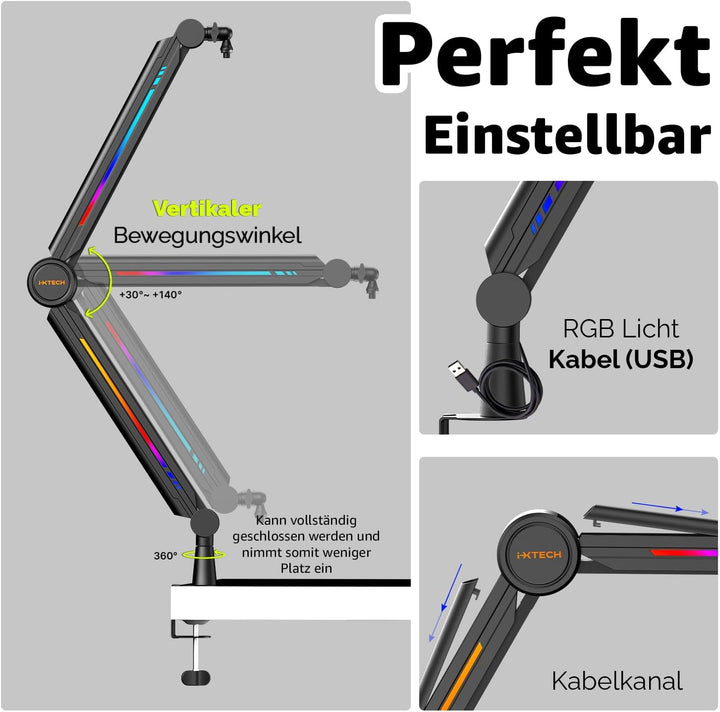 IXTECH RGB Mic Boom Arm High Profile, Overhead Boom Arm Mikrofonständer Schreibtischhalterung, verst