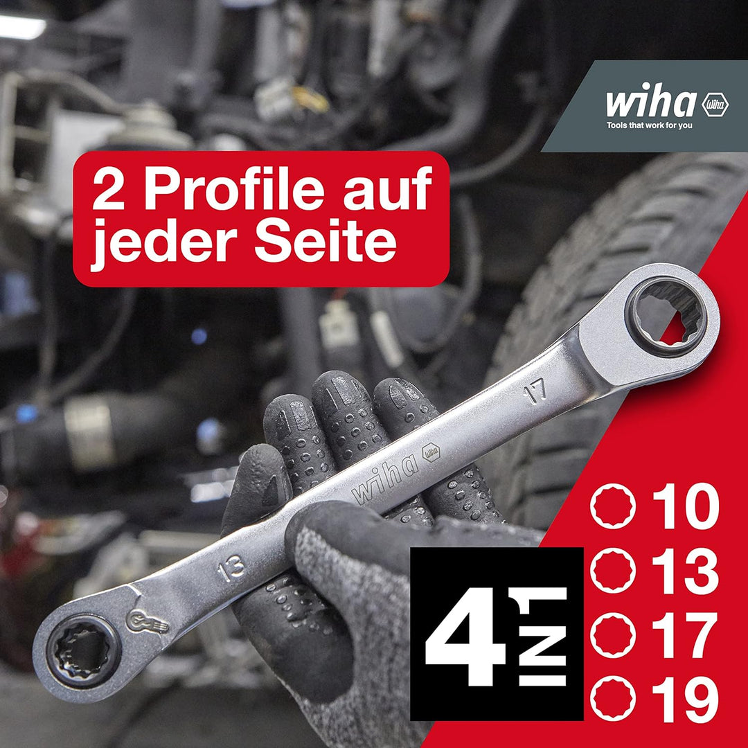 Wiha Doppelring-Ratschenschlüssel 4 in 1 I umschaltbar I SW 10 13 17 19 mm I mit 72 Zähnen I Multira