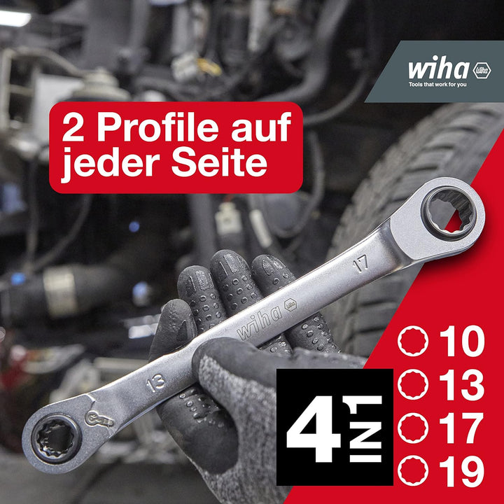 Wiha Doppelring-Ratschenschlüssel 4 in 1 I umschaltbar I SW 10 13 17 19 mm I mit 72 Zähnen I Multira