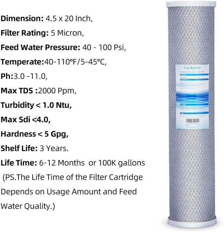 Geekpure 4,5" x 20" Carbon Block Ersatzfilter für ganzes Haus Wasserfiltrationssystem 5 Mikron -Pack