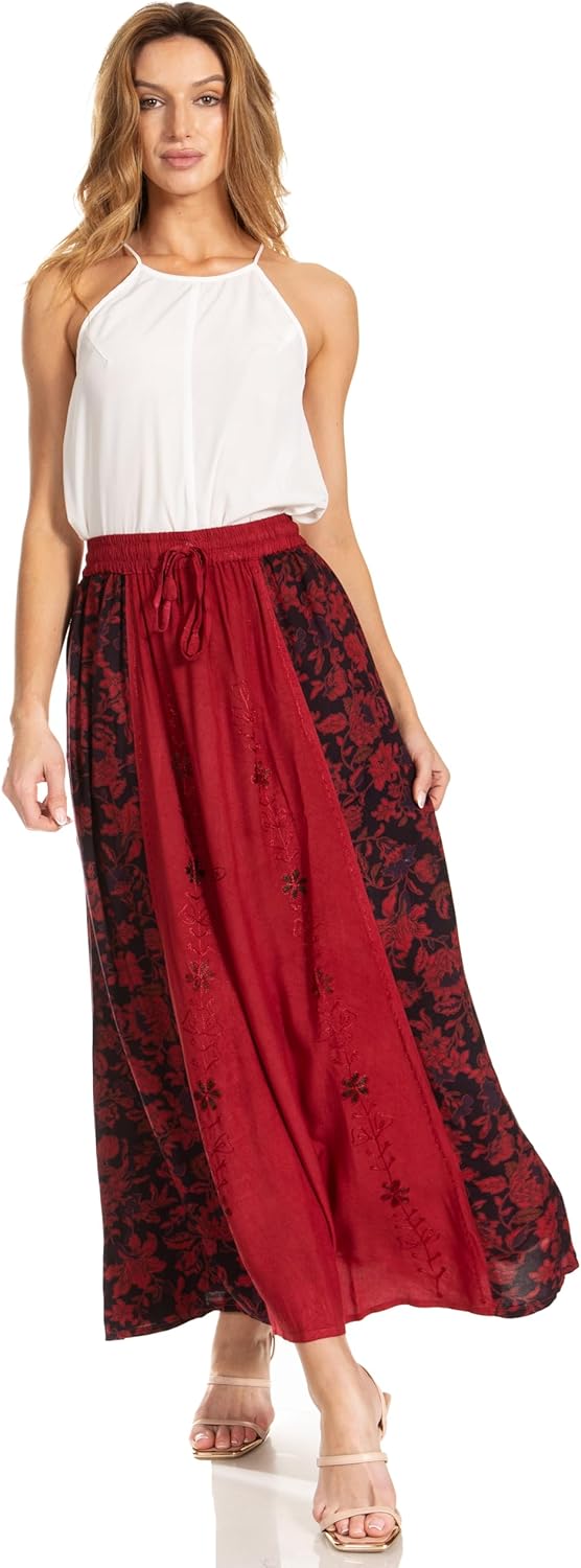 Sakkas Maran Frauen Boho Stickerei Rock mit elastischer Taille und Taschen Einheitsgrösse Grosse Grö