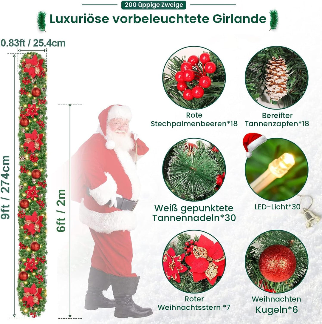 Weihnachtsgirlande mit Beleuchtung, 270CM Girlande Weihnachten weihnachtsdeko tannengirlande Künstli