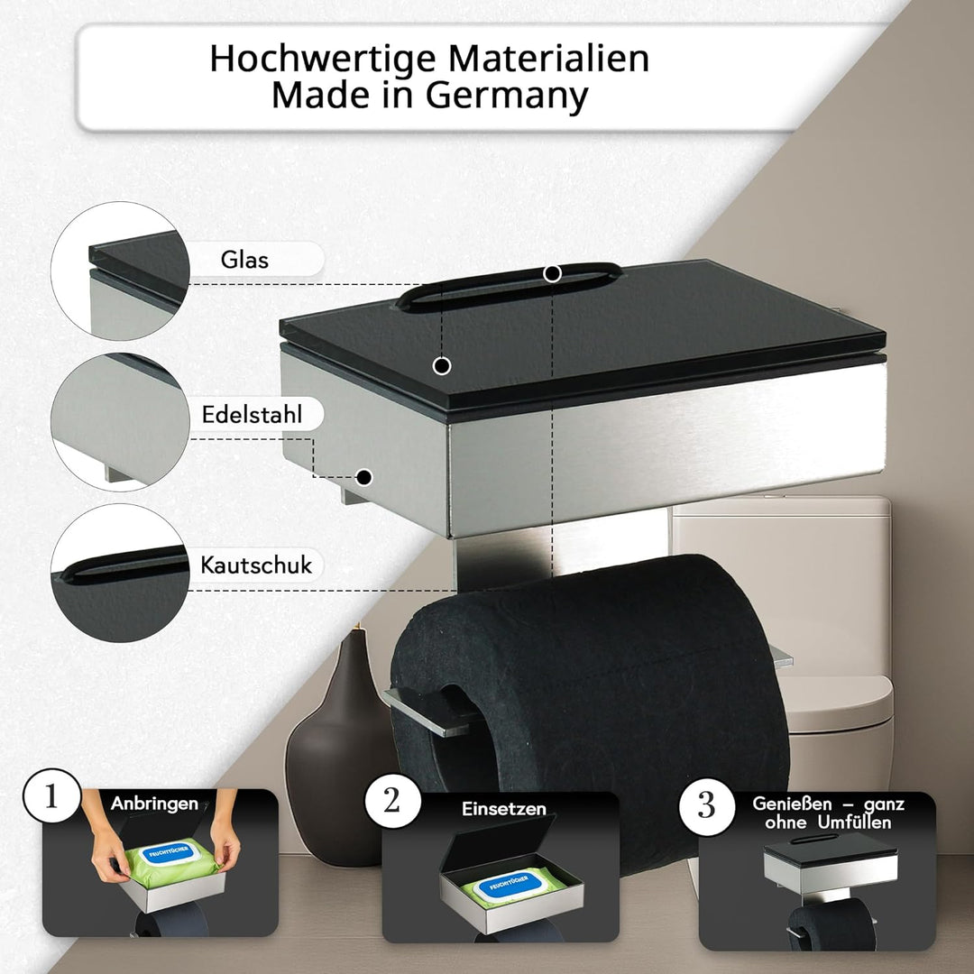 Toilettenpapierhalter mit Feuchttücherbox - Gehäuse Matt & Abdeckung Glas Schwarz- befüllbar von Lin