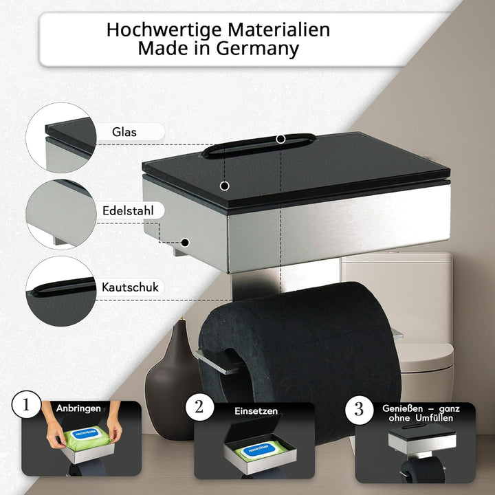 Toilettenpapierhalter mit Feuchttücherbox - Gehäuse Matt & Abdeckung Glas Schwarz- befüllbar von Lin