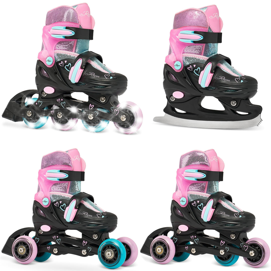 RAVEN 4in1 Inline Skates Triskates Rollschuhe Schlittschuhe Inliner für Kinder Mädchen verstellbar 3