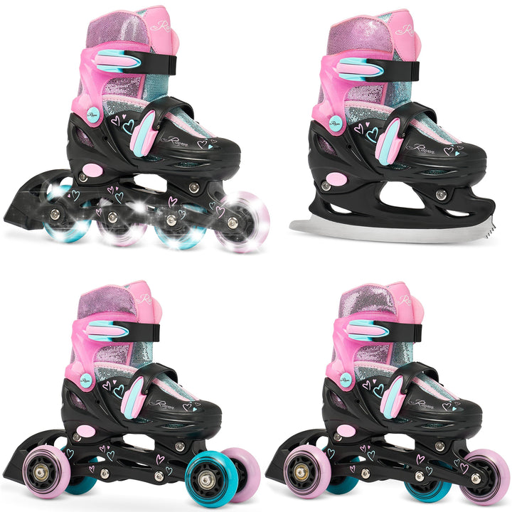 RAVEN 4in1 Inline Skates Triskates Rollschuhe Schlittschuhe Inliner für Kinder Mädchen verstellbar 3