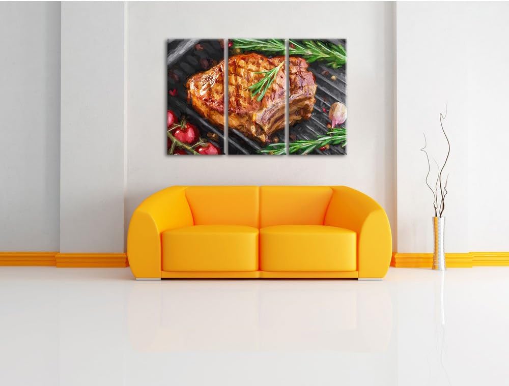 Pixxprint Steak mit Rosmarien garniert als Leinwandbild/Grösse: 3 Teilig (120x80) cm/Wandbild/Kunstd