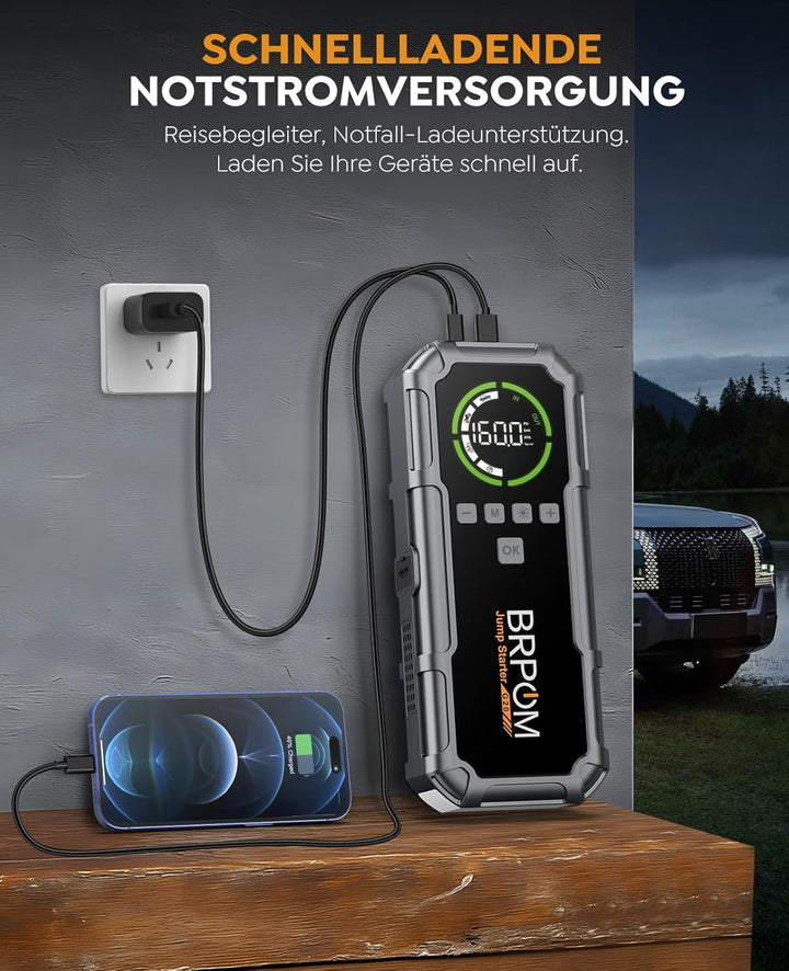 BRPOM Starthilfe Powerbank 8000A, Auto Starthilfe mit Kompressor 160PSI, 26800mAh Batteriestarter fü