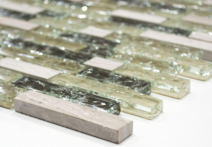 Glasmosaik Verbund Crystal/Stein mix graugrün Transluzent Transparent 3D, Mosaikstein Format: 15x23/