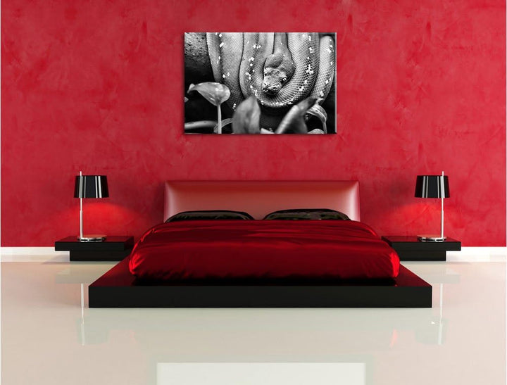 Pixxprint Grüne Schlange, gelbe Augen, 100x70cm Leinwandbild bespannt auf Holzrahmen/Wandbild Kunstd