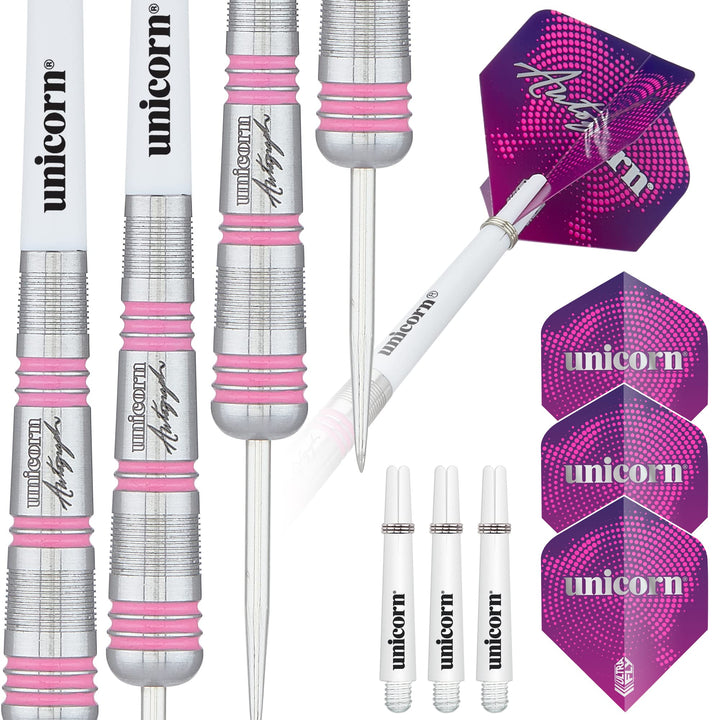 Unicorn Dartpfeile-Set aus Stahlspitze | Autogramm-Serie | 80% natürliche Wolfram-Schäfte mit rosa A
