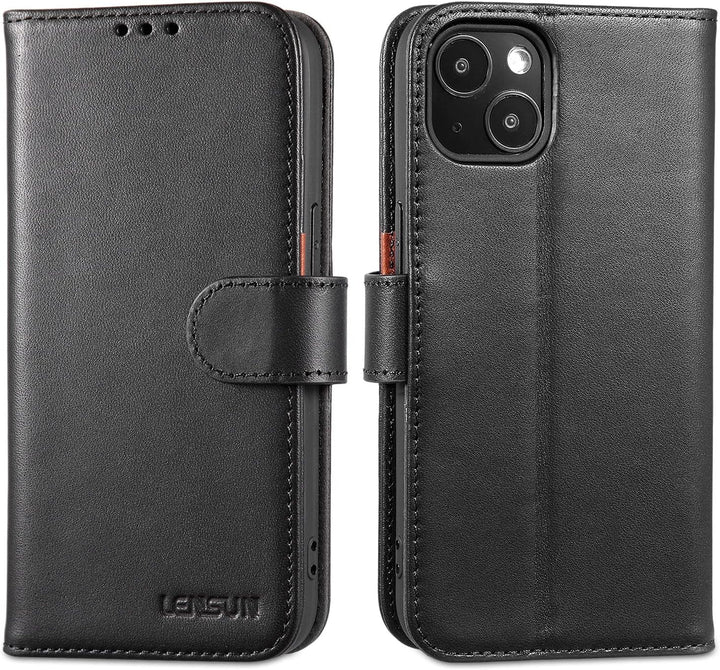 LENSUN Echtleder Hülle für iPhone 13 5G, Handyhülle [Echtes Leder][Magnetverschluss][RFID Schutz] Ha