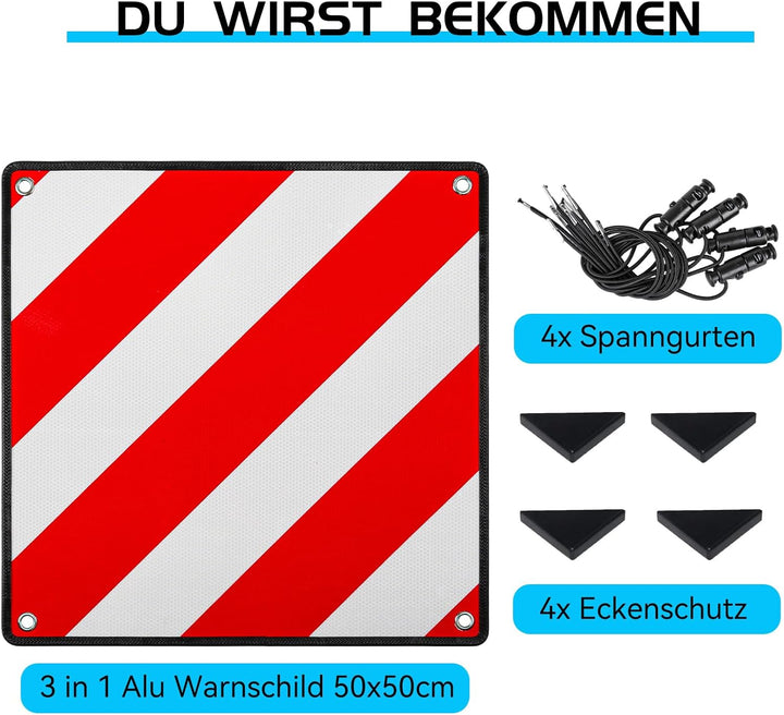 Aluminium Warntafel 3in1 Italien, Spanien & Portugal - inkl. 4x Spanngurte + Schutzecken, 50x50cm Re