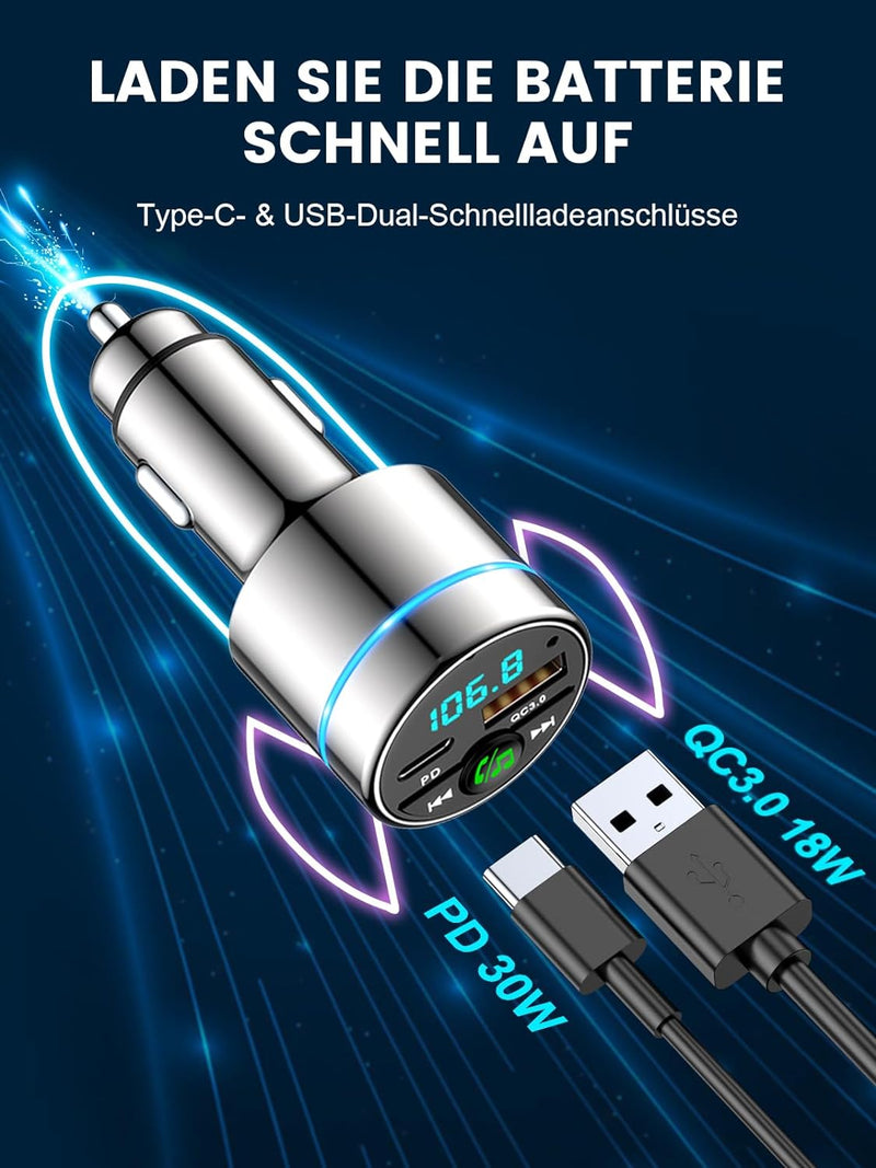 Mohard FM Transmitter Auto Bluetooth 5.3, Ganzmetall PD 30W & QC3.0 18W Schnelles Autoladegerät Ziga