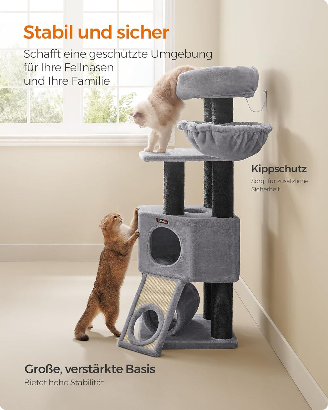 Feandrea Grosser Kratzbaum, M Katzenbaum, mit Höhle, Hängematte, Plüschplattform, Tunnel, Sisalstämm