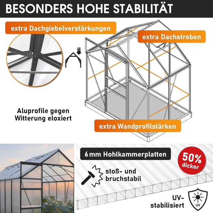 BRAST® Gewächshaus Aluminium mit Fundament rostfrei 40 Modelle 130x190x195cm - 490x250x235cm 6mm Pla