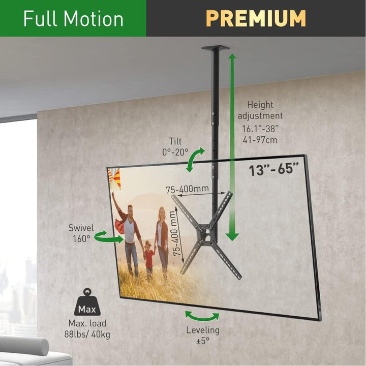 Barkan 97cm Lange TV Deckenhalterung, 29 - 65 Zoll Neigbar / Vollbewegung flach & Curved Fernseher T