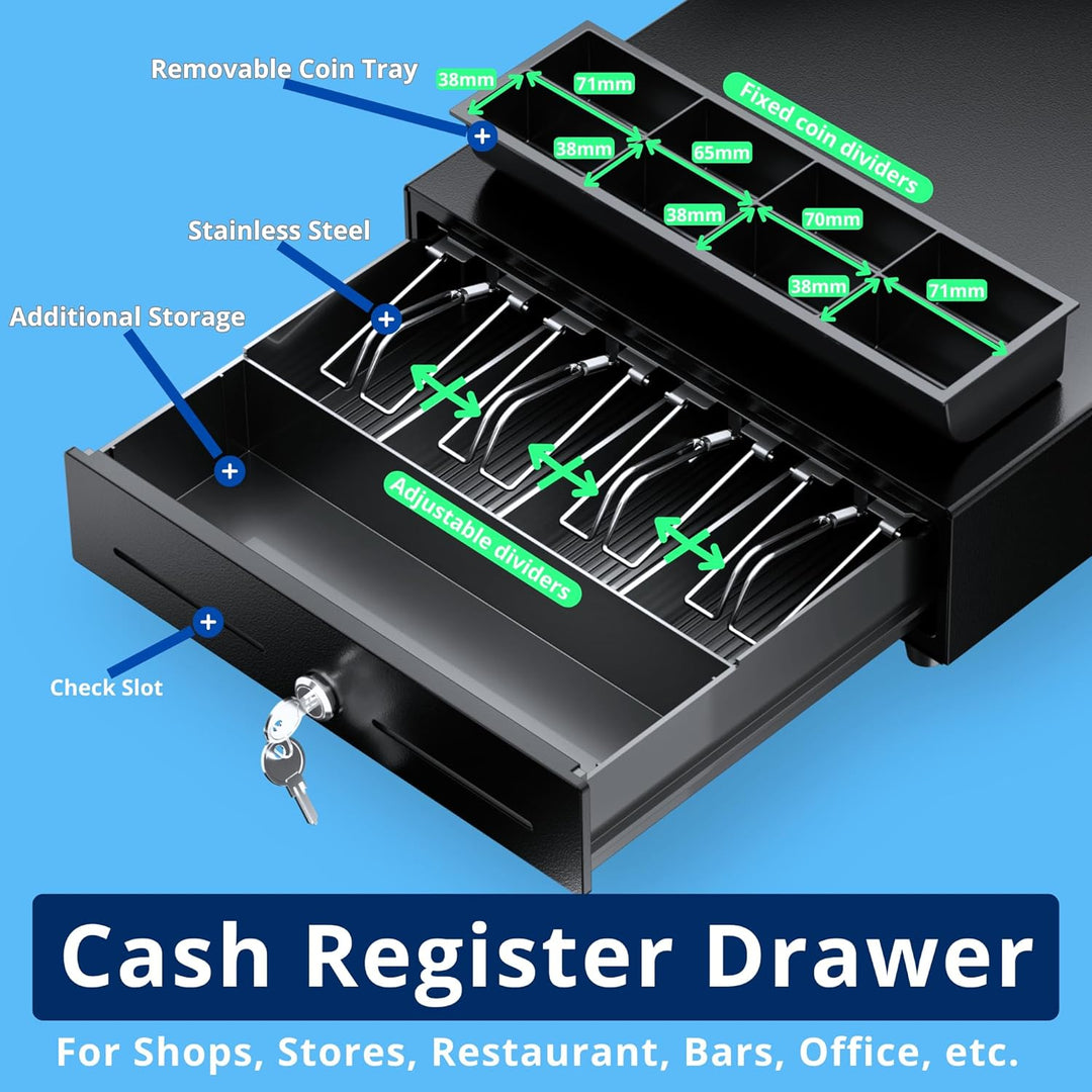 Automatische Kassenschublade 33x33cm, 4 Geldschein-/8 Münzfächer, RJ11/Schlüssel-Öffnung, Ideal für