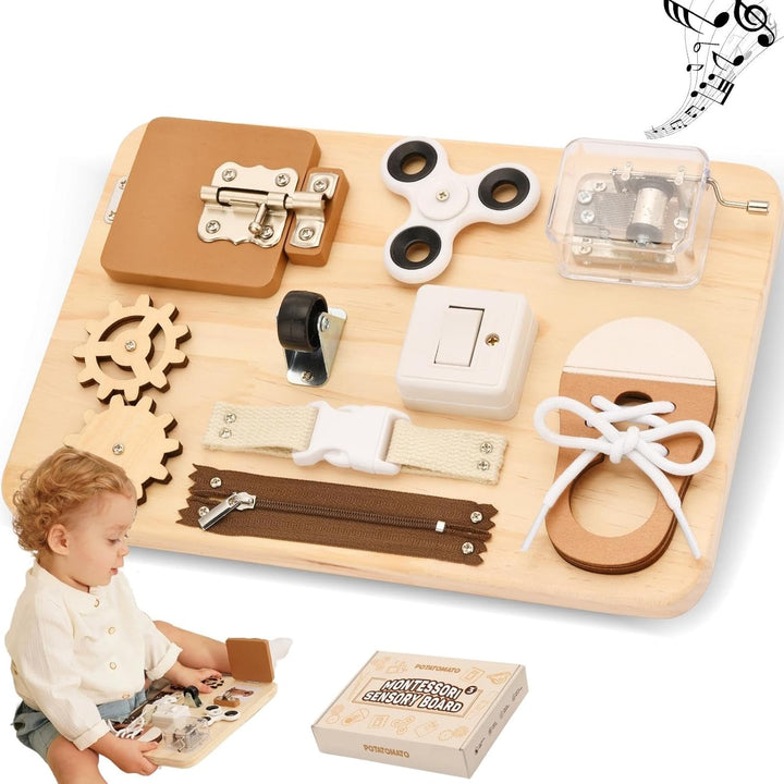 Potatomato Montessori Busy Board für Kinder - Sensorik & Feinmotorikspielzeug aus Holz - Montessori