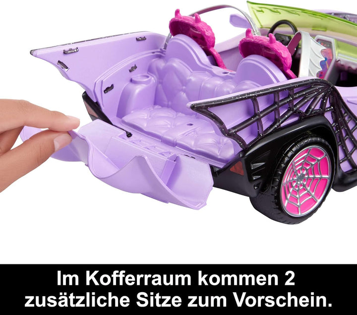 Monster High Spielzeugauto, Ghoul Mobile mit Tierfigur und coolem Zubehör, lilafarbenes Cabrio mit S