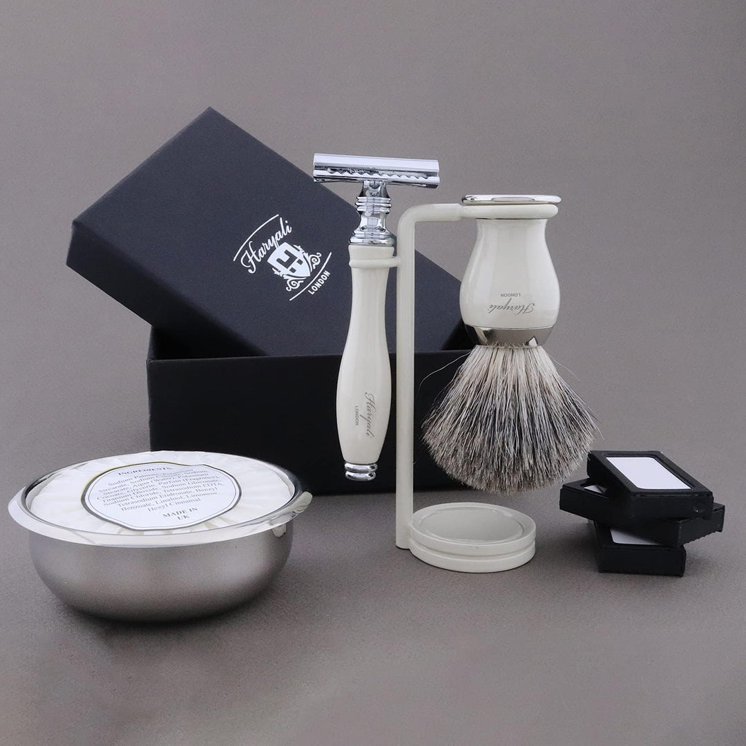 JAG SHAVING GERMANY DE SAFETY RAZOR Männer Rasierset Set Elfenbein Rasierpinsel Rasierseifenschale K