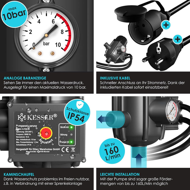 KESSER® Pumpensteuerung mit Baranzeige | mit Kabel | 10 bar Druckwächter Elektronische Pumpensteueru