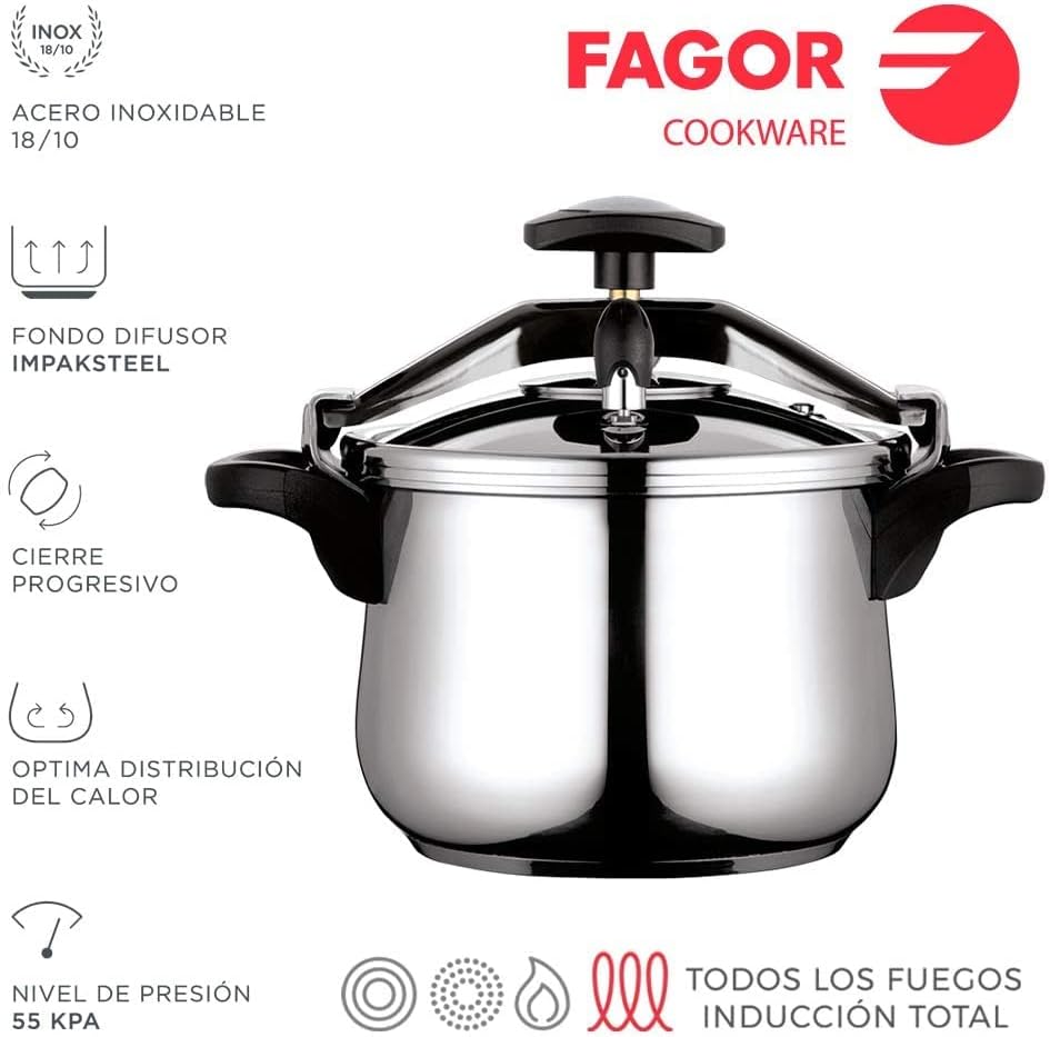 Fagor Clásica Bombe Schnellkochtopf 6 Liter, Induktion, Dampfkochtopf Express, Edelstahl 18/10, Alle