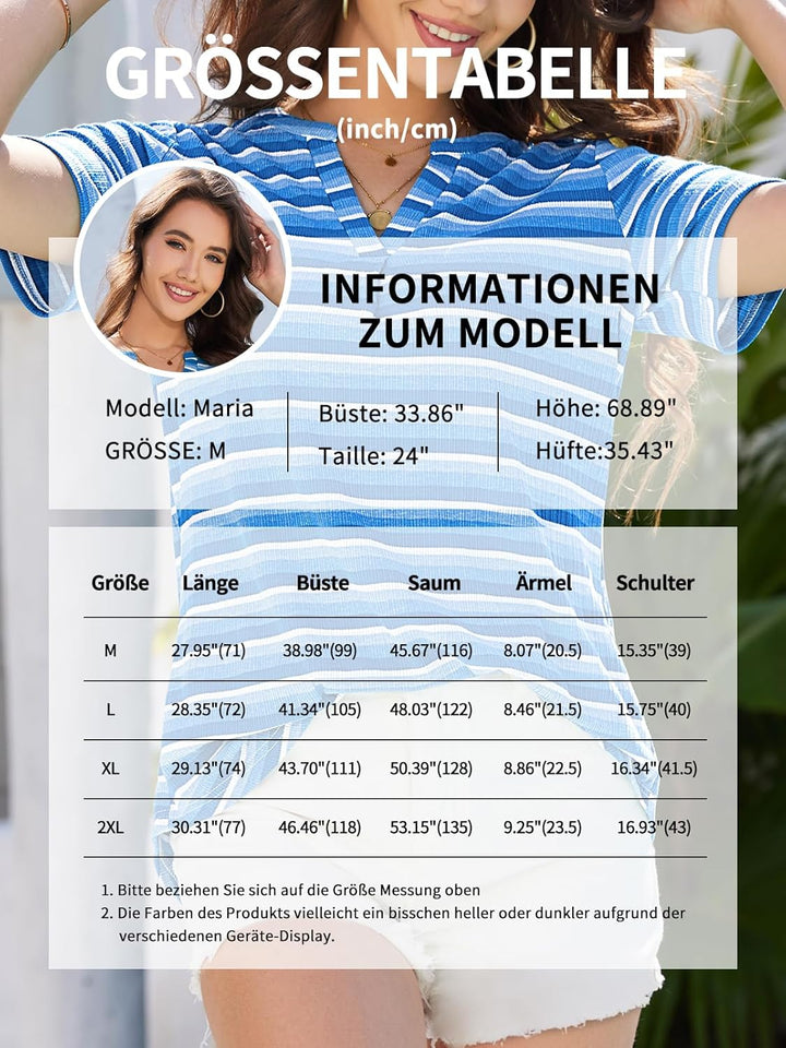 Siddhe Damen Bluse Kurzarm T-Shirts V-Ausschnitt Elegant Lässig Tunika Oberteil Locker Longshirt, M
